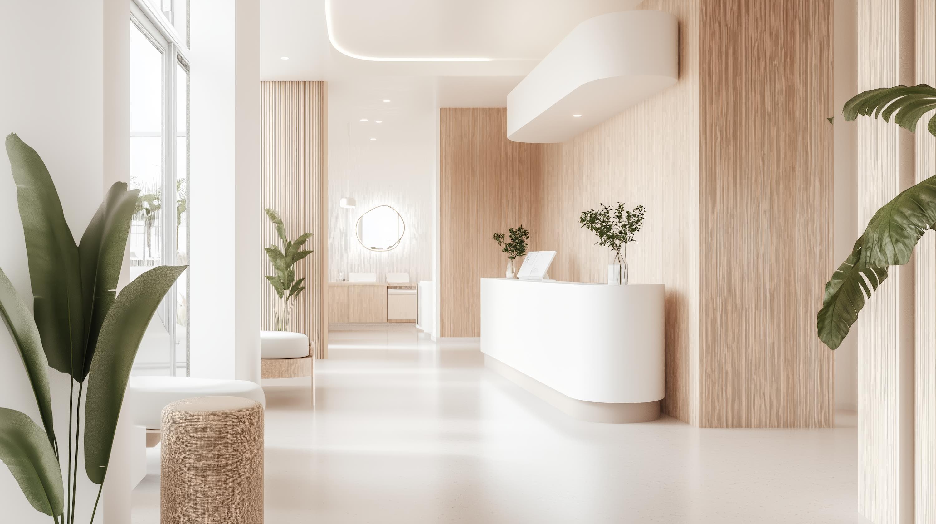 Modern reception area featuring minimalist design with wooden accents and lush greenery in a bright setting